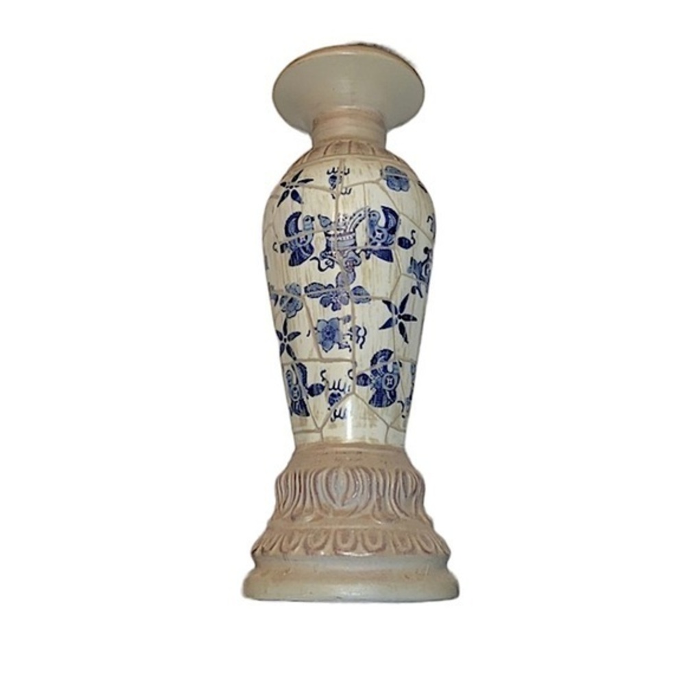 Blue and White Pillar Holder Large Aged Porcelain Like Candle Holder